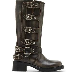 Steve Madden Rocky Distressed Leather Buckle Hardware Tall Moto Engineer Boots